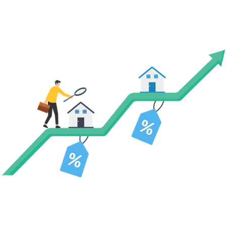 Empresário andando no gráfico verde do aumento dos preços das casas  Ilustração