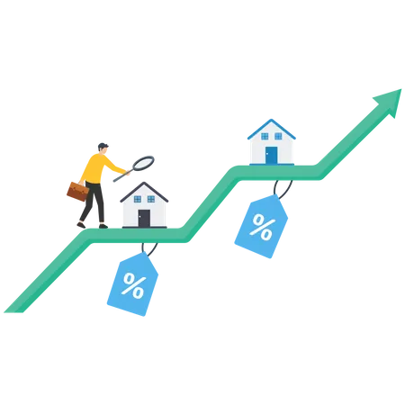 Empresário andando no gráfico verde do aumento dos preços das casas  Ilustração