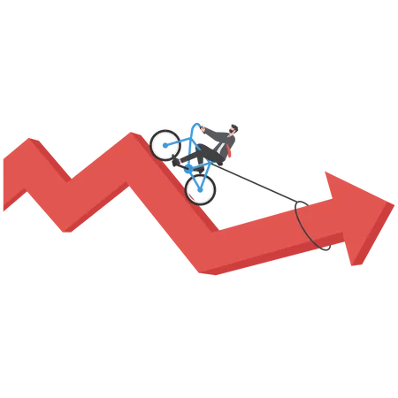 Un hombre de negocios montando una bicicleta tira del gráfico de flechas de crecimiento para mejorar el progreso y el éxito  Ilustración