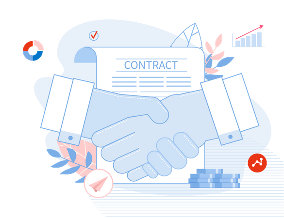 Empresário apertando a mão sobre documento de contrato assinado  Ilustração