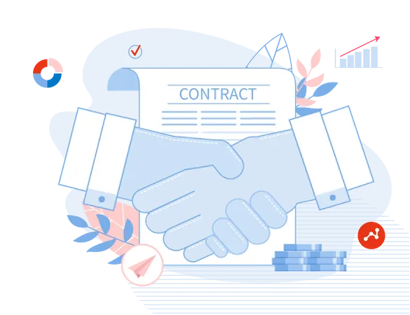 Empresário apertando a mão sobre documento de contrato assinado  Ilustração
