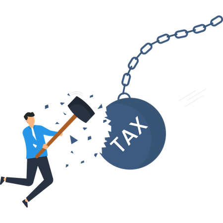 Empresario aplastando la carga fiscal con un martillo  Ilustración