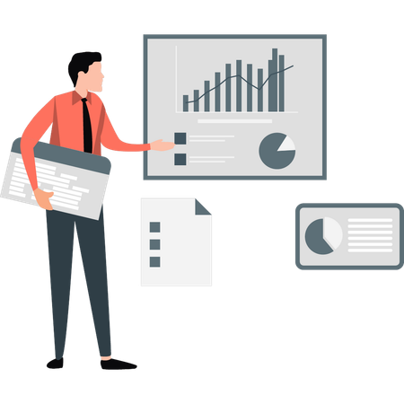 Empresário aponta para gráfico para empregos de analista  Ilustração