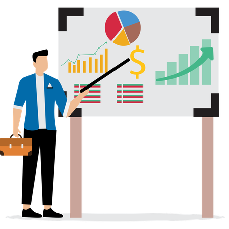 Empresário apresenta diagrama de dados financeiros com cifrão  Ilustração