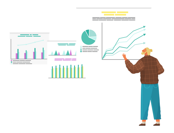 Empresário apresentando diferentes tipos no gráfico analítico  Ilustração