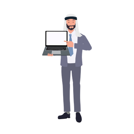 Empresario árabe dando presentación con computadora portátil  Ilustración
