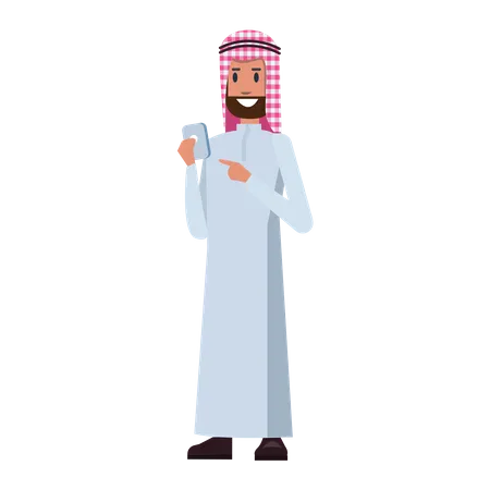 Empresario árabe leyendo mensaje en teléfono inteligente  Ilustración