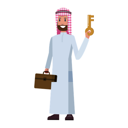 Empresario árabe con llave y maleta  Ilustración
