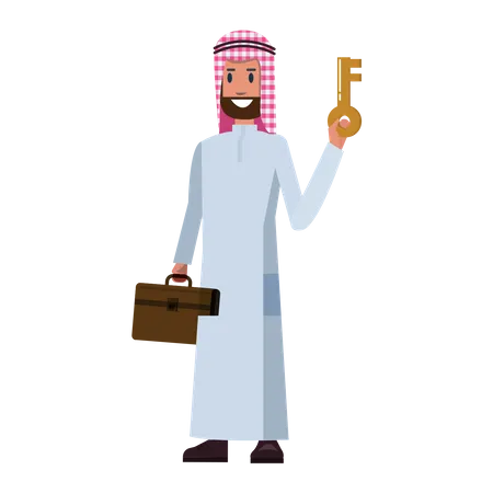 Empresario árabe con llave y maleta  Ilustración