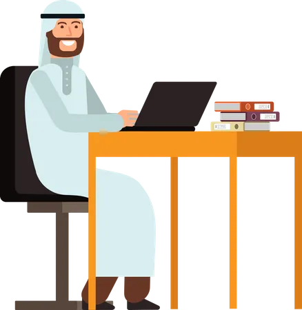 Empresario árabe trabajando en la computadora portátil  Ilustración
