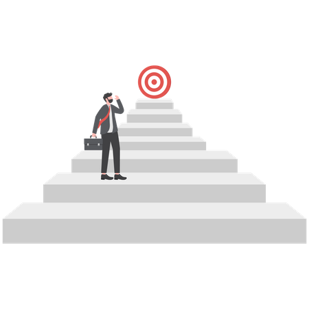 El hombre de negocios sube la escalera hasta la meta en forma de objetivo  Ilustración