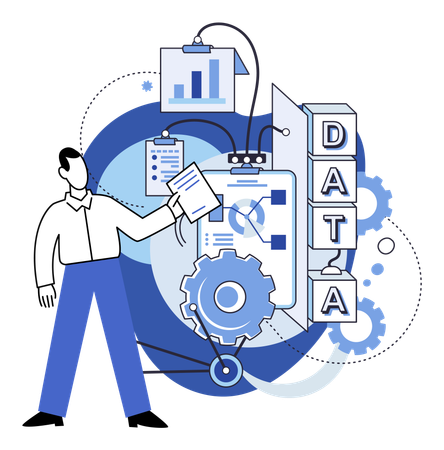 Hombre trabajando en la gestión de datos  Ilustración