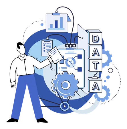 Hombre trabajando en la gestión de datos  Ilustración