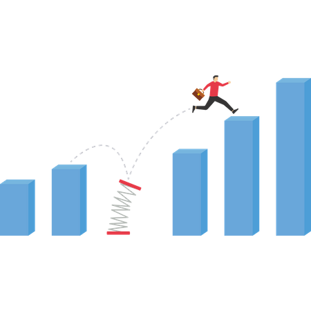 Empresário corre riscos saltando para um gráfico mais alto  Ilustração