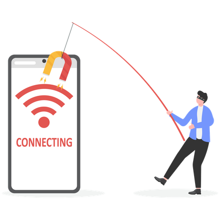 Empresario atrayendo conexión wifi desde móvil  Ilustración