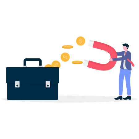 Hombre de negocios atrayendo dinero de su maletín  Ilustración