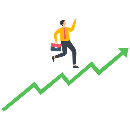 El hombre de negocios corre sobre un gráfico del mercado de valores  Ilustración