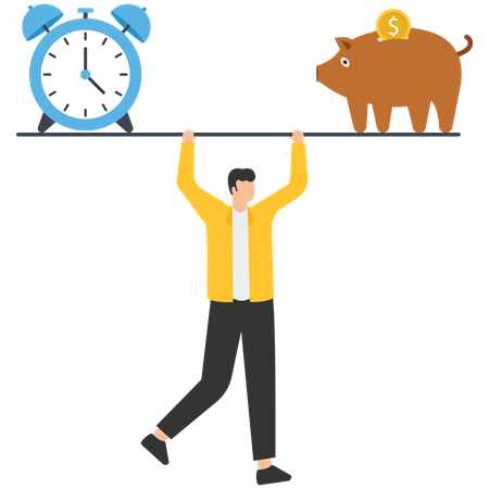 Gangorra de equilíbrio de empresário com relógio e cofrinho  Ilustração