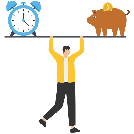 Gangorra de equilíbrio de empresário com relógio e cofrinho  Ilustração