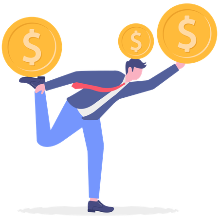 El hombre de negocios equilibra el dinero en dólares  Ilustración