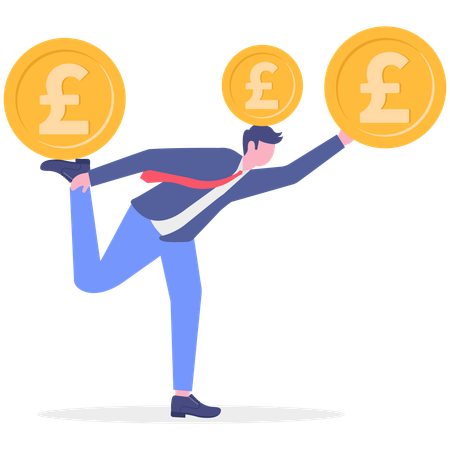 El hombre de negocios equilibra el dinero en libras  Ilustración