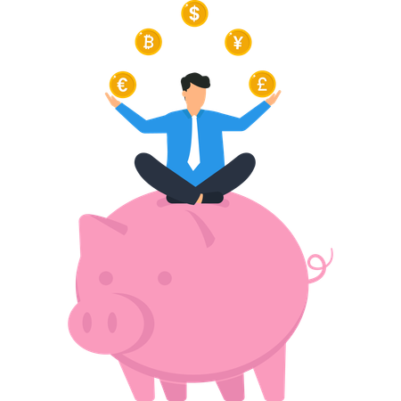 Empresario balanceando monedas en una alcancía Ahorro e inversión  Ilustración