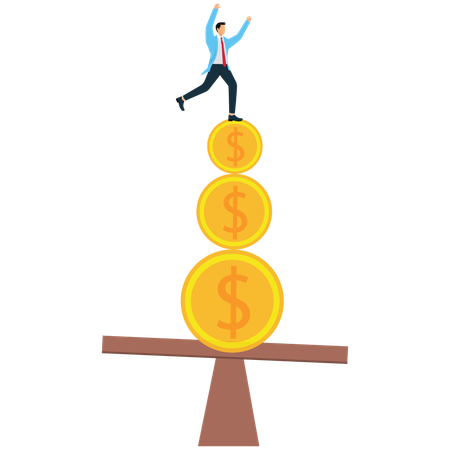 Hombre de negocios balanceando una moneda de dólar en un puente  Ilustración
