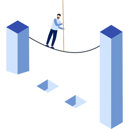 Un hombre de negocios equilibra su equilibrio entre los pilares azules: riesgo y desafío.  Ilustración
