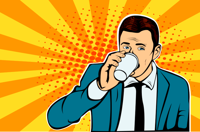 Empresário bebendo uma xícara de café olhando de soslaio. Ilustração vetorial em estilo cômico retrô pop art.  Ilustração