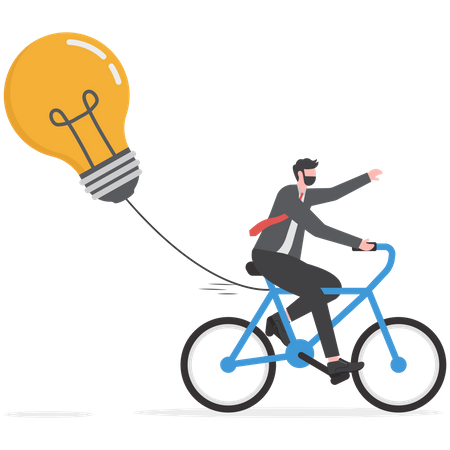 Empresário andando de bicicleta e puxando ideias  Ilustração