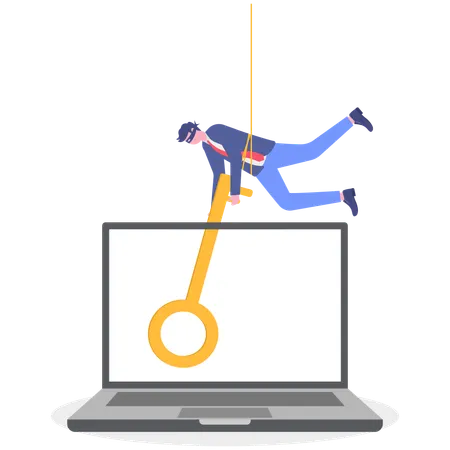 Hombre de negocios bloqueando la tecla de la computadora portátil  Ilustración