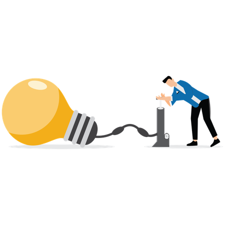Empresário bombeando bulbo usando bomba de ar  Ilustração