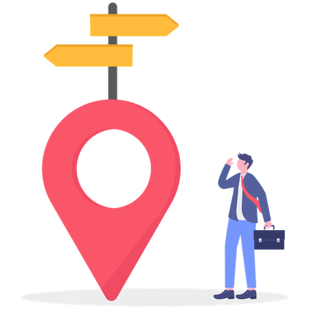 Hombre de negocios que encuentra la ubicación a partir del letrero  Ilustración