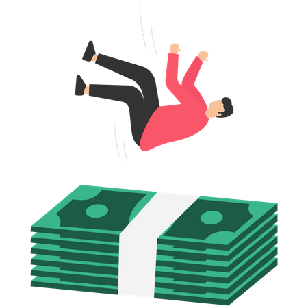 Empresário caindo sobre uma enorme almofada de segurança para notas de dinheiro  Ilustração