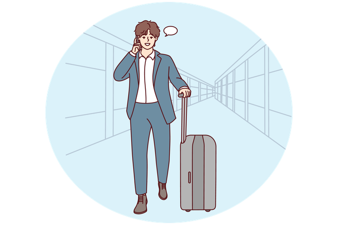 Hombre de negocios camina en el aeropuerto hablando por celular  Ilustración