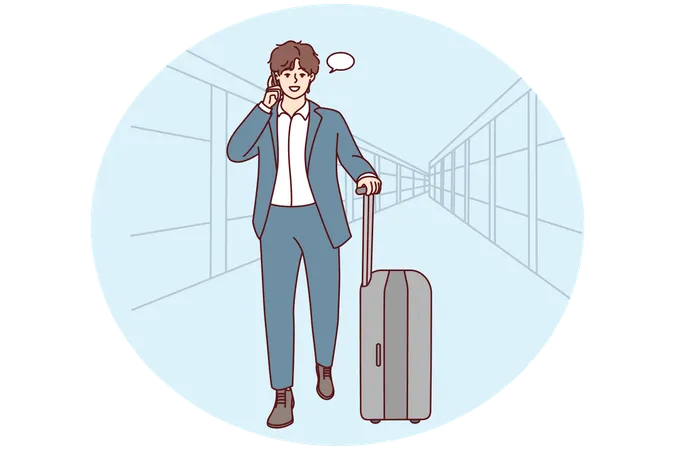 Hombre de negocios camina en el aeropuerto hablando por celular  Ilustración