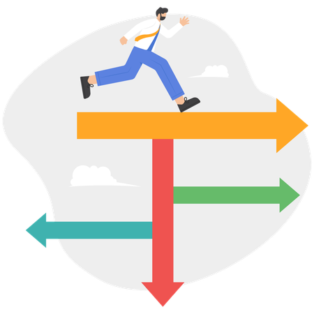 Hombre de negocios caminando con flechas de dirección  Ilustración