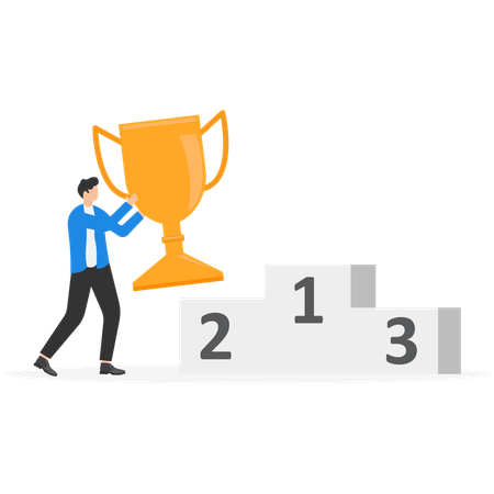 Hombre de negocios caminando hacia el podio y sosteniendo un trofeo  Ilustración