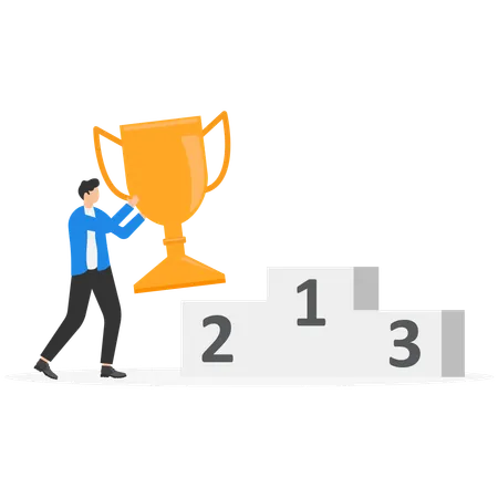 Hombre de negocios caminando hacia el podio y sosteniendo un trofeo  Ilustración