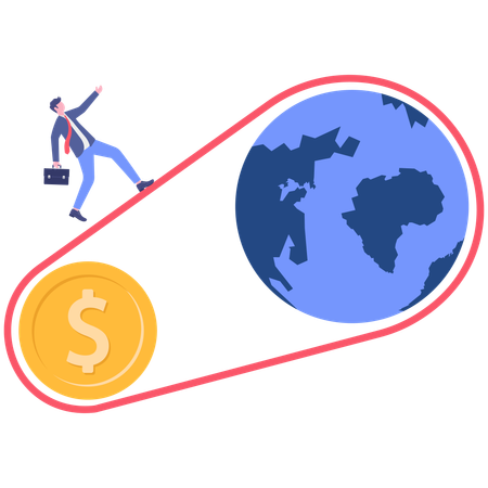 Hombre de negocios caminando sobre el cinturón mientras el dinero global  Ilustración