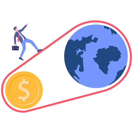Hombre de negocios caminando sobre el cinturón mientras el dinero global  Ilustración
