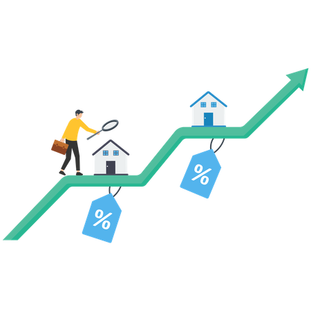 Empresario caminando sobre un gráfico verde del aumento de los precios de la vivienda  Ilustración