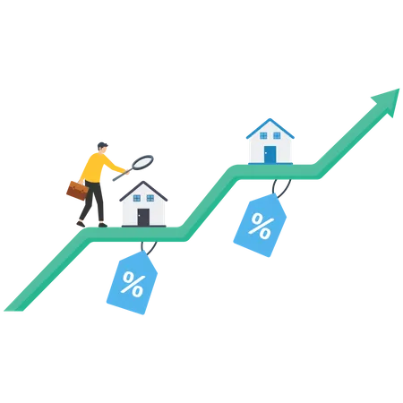 Empresario caminando sobre un gráfico verde del aumento de los precios de la vivienda  Ilustración