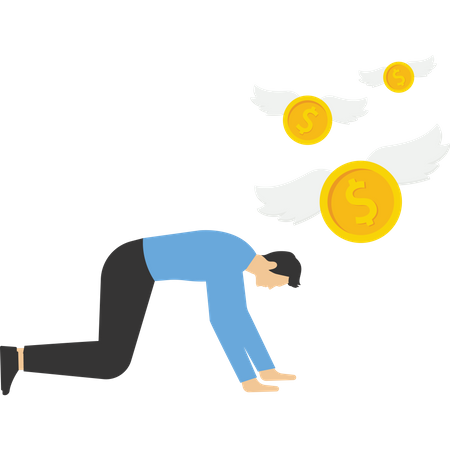 Hombre de negocios cansado mirando dinero volando  Ilustración