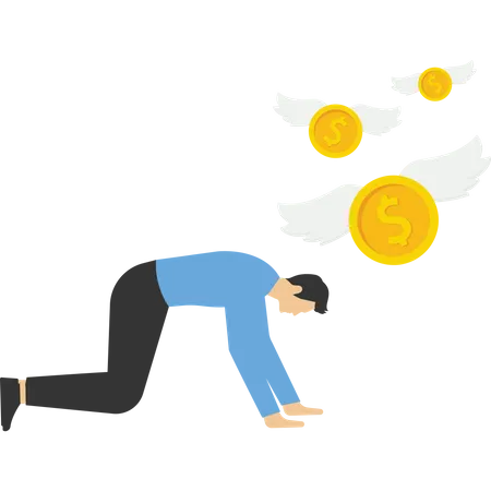 Hombre de negocios cansado mirando dinero volando  Ilustración