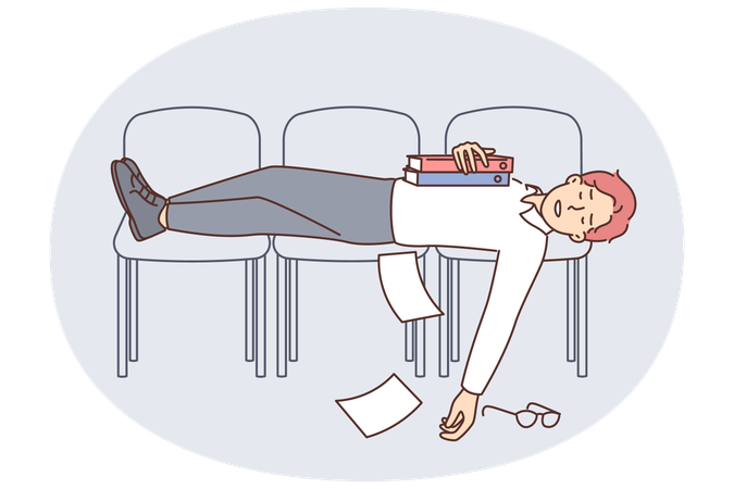 Hombre de negocios cansado durmiendo en sillas alineadas debido al exceso de trabajo y la falta de descanso  Ilustración