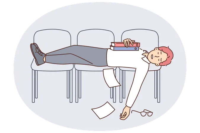 Hombre de negocios cansado durmiendo en sillas alineadas debido al exceso de trabajo y la falta de descanso  Ilustración