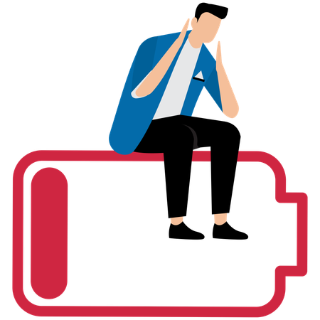 Hombre de negocios cansado sentado con la batería baja  Ilustración