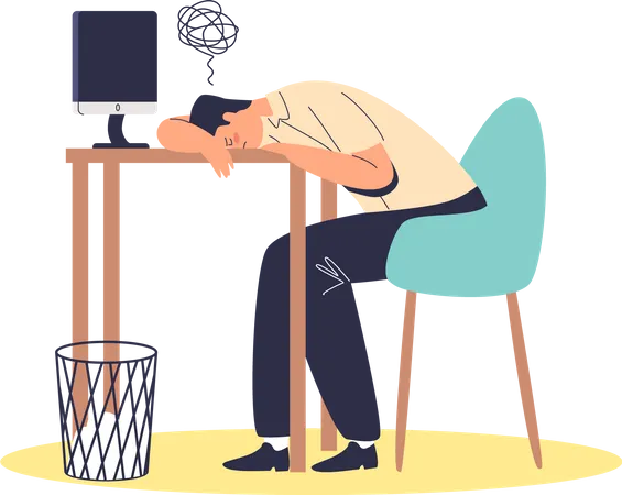 Un hombre de negocios cansado y exhausto tumbado en el escritorio, sobrecargado de trabajo y abrumado en el lugar de trabajo  Ilustración