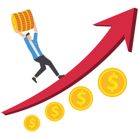Empresário carrega moeda ao longo da seta crescente  Ilustração